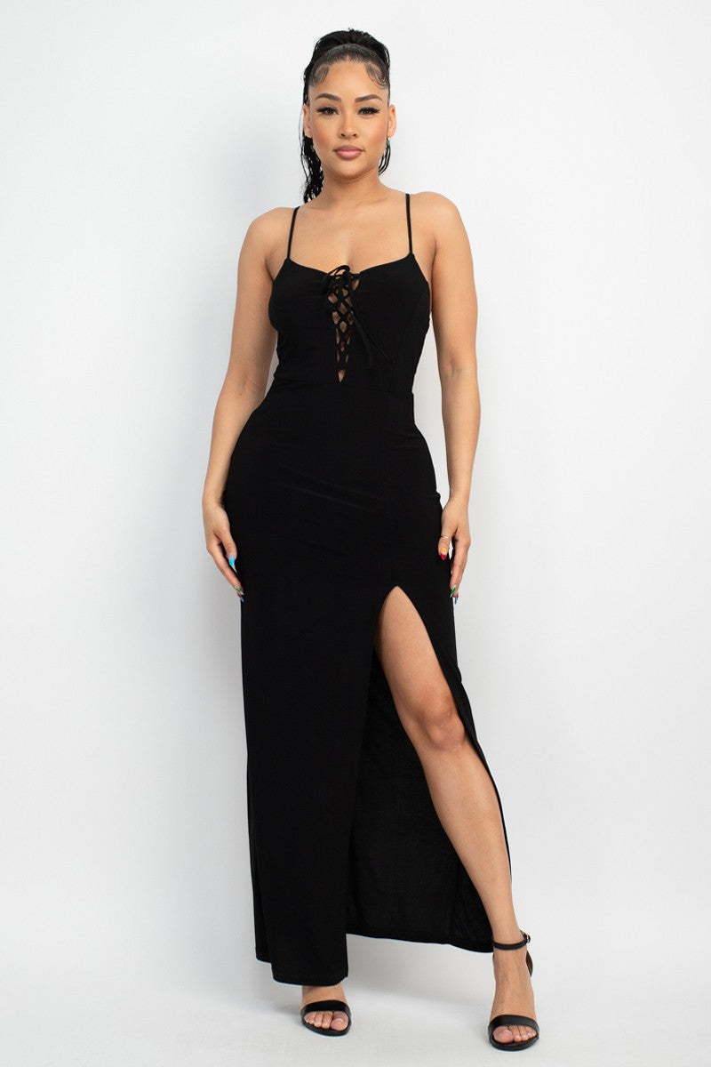 Slit Lace-up Bodycon Maxi Dress