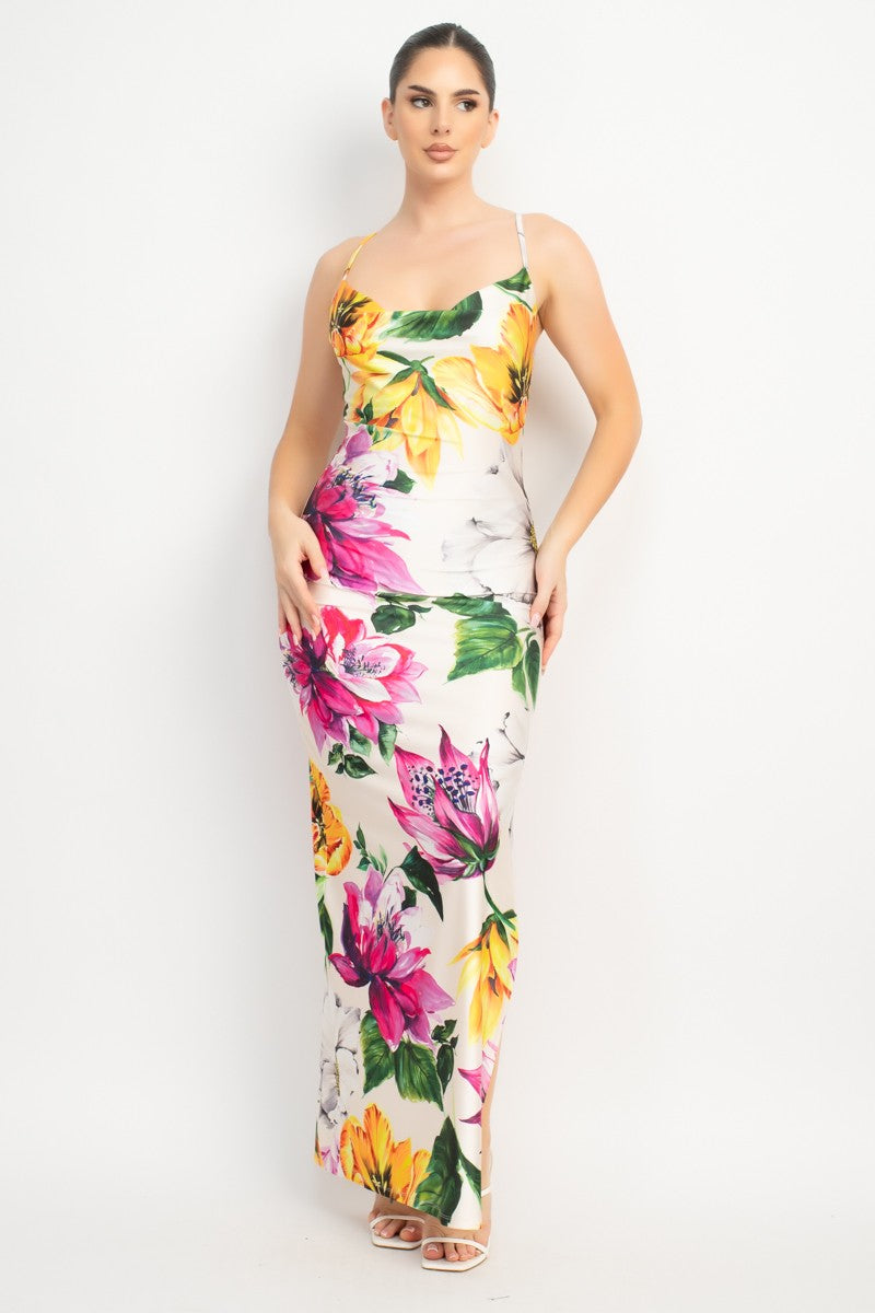 Ivory/Fuchsia Cowl Neck Slit Cami Maxi Dress