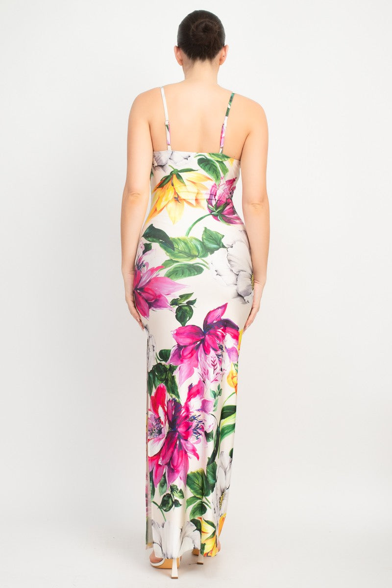 Ivory/Fuchsia Cowl Neck Slit Cami Maxi Dress