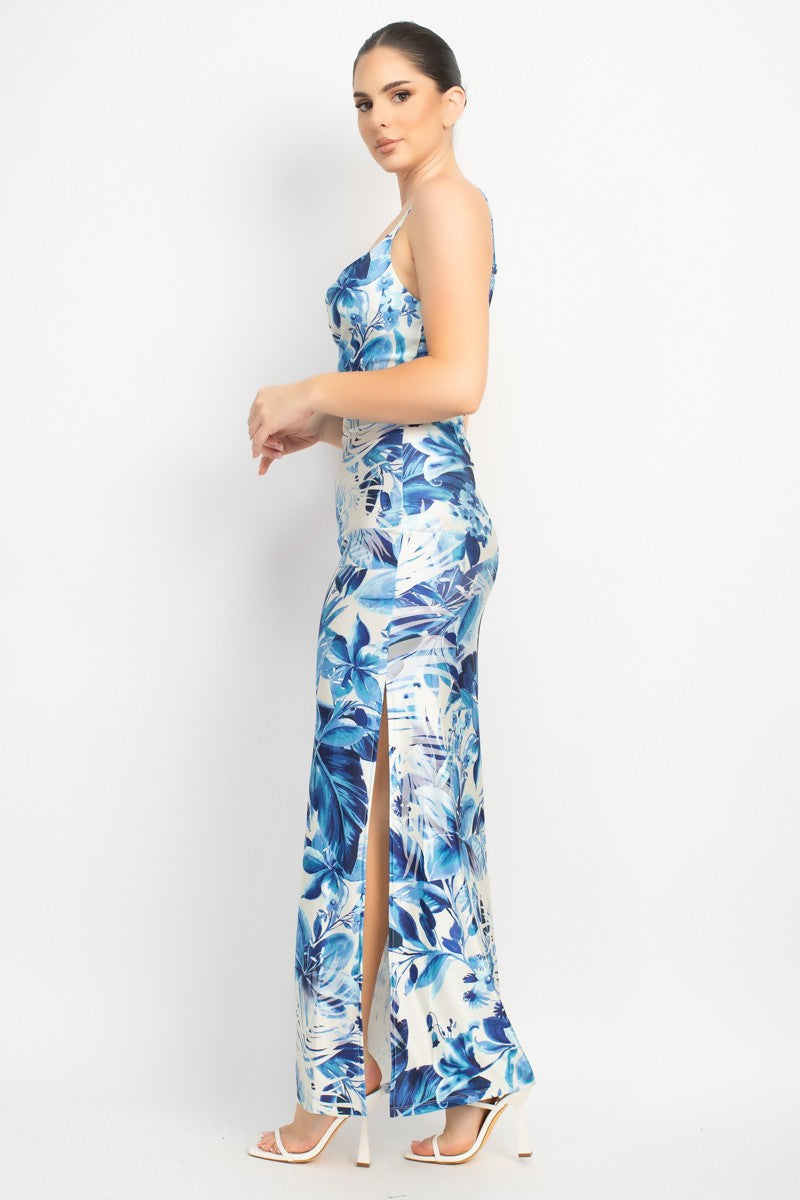 Satin Cowl Tropical Slit Dress