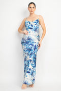 Satin Cowl Tropical Slit Dress