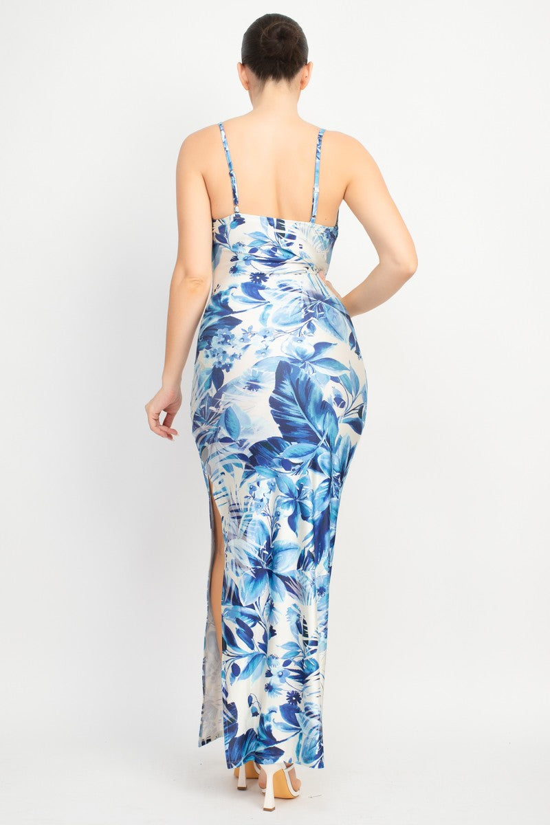 Satin Cowl Tropical Slit Dress